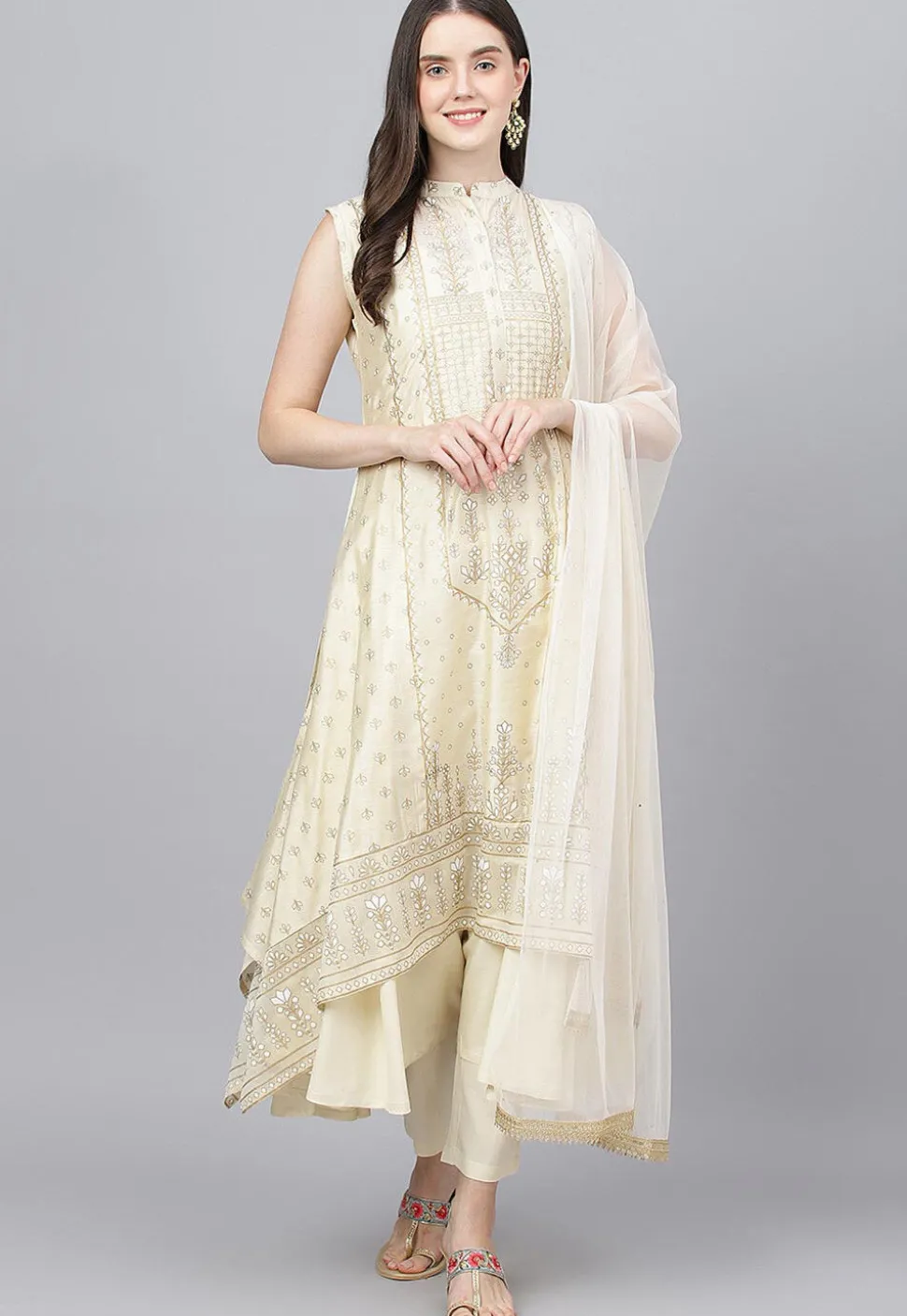 Foil Printed Cotton Layered Pakistani Suit in Cream