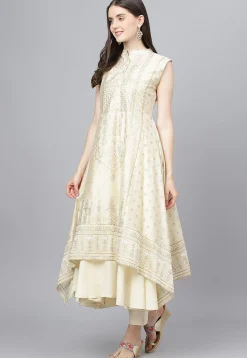 Foil Printed Cotton Layered Pakistani Suit in Cream