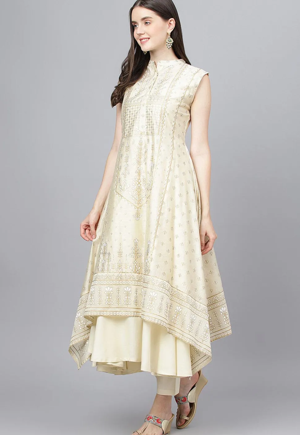 Foil Printed Cotton Layered Pakistani Suit in Cream