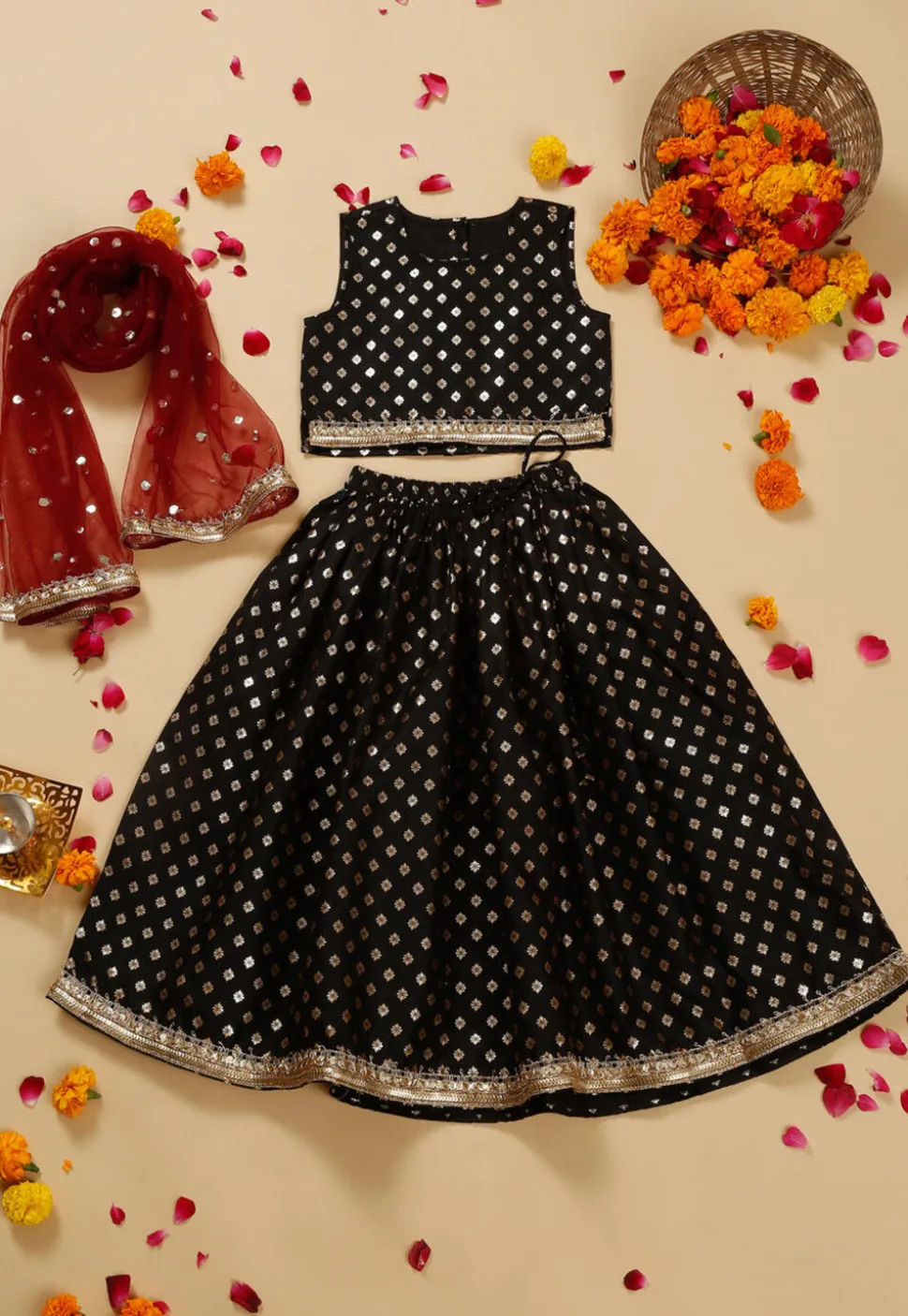 Foil Printed Cotton Lehenga in Black