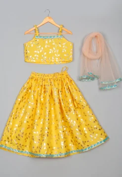 Foil Printed Cotton Lehenga in Yellow