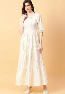 Foil Printed Cotton Maxi Dress in Cream