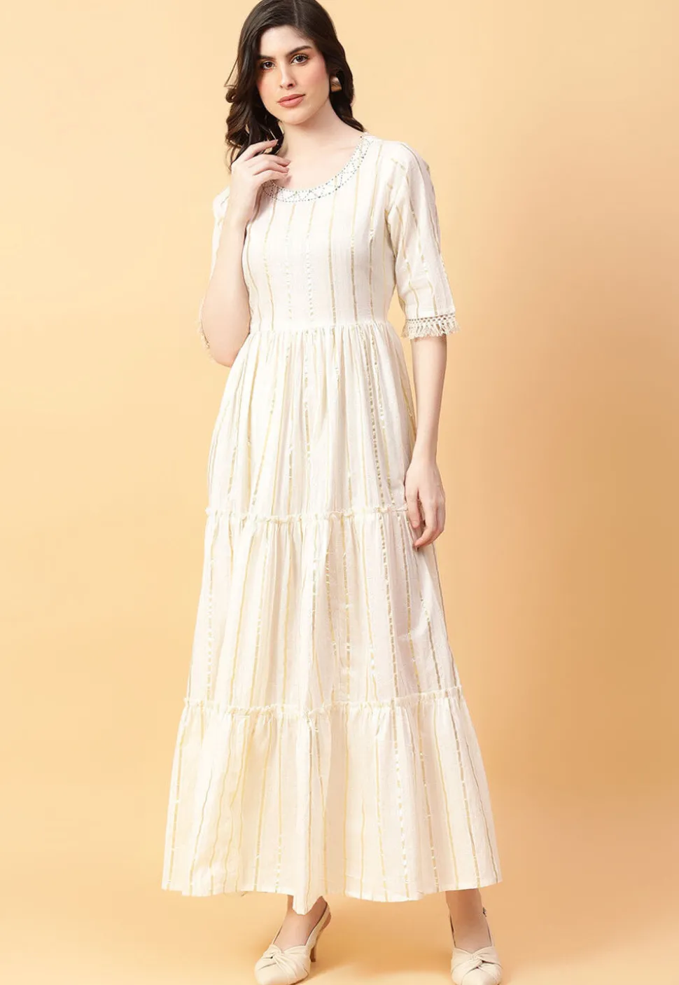 Foil Printed Cotton Maxi Dress in Cream
