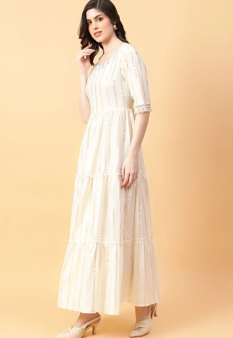 Foil Printed Cotton Maxi Dress in Cream