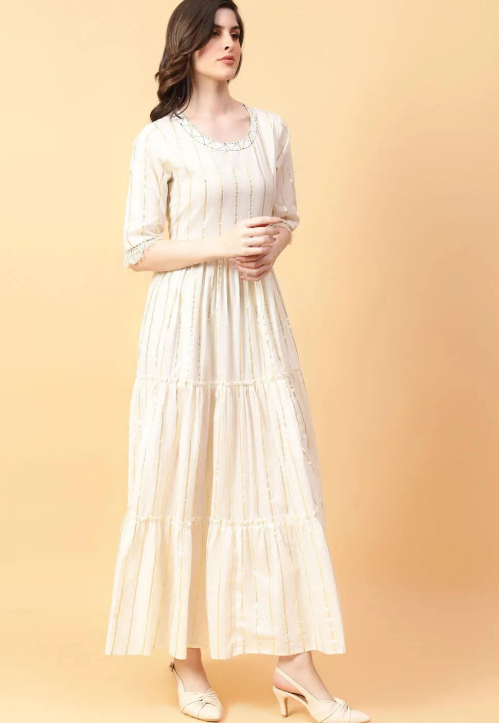 Foil Printed Cotton Maxi Dress in Cream