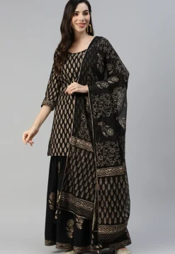 Foil Printed Cotton Pakistani Suit in Black