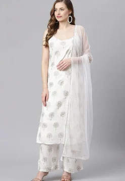 Foil Printed Cotton Pakistani Suit in White