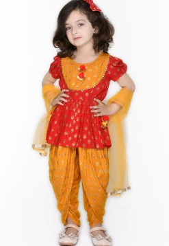 Foil Printed Cotton Punjabi Suit in Red