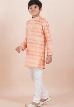 Foil Printed Cotton Silk Kurta Set in Shaded Peach