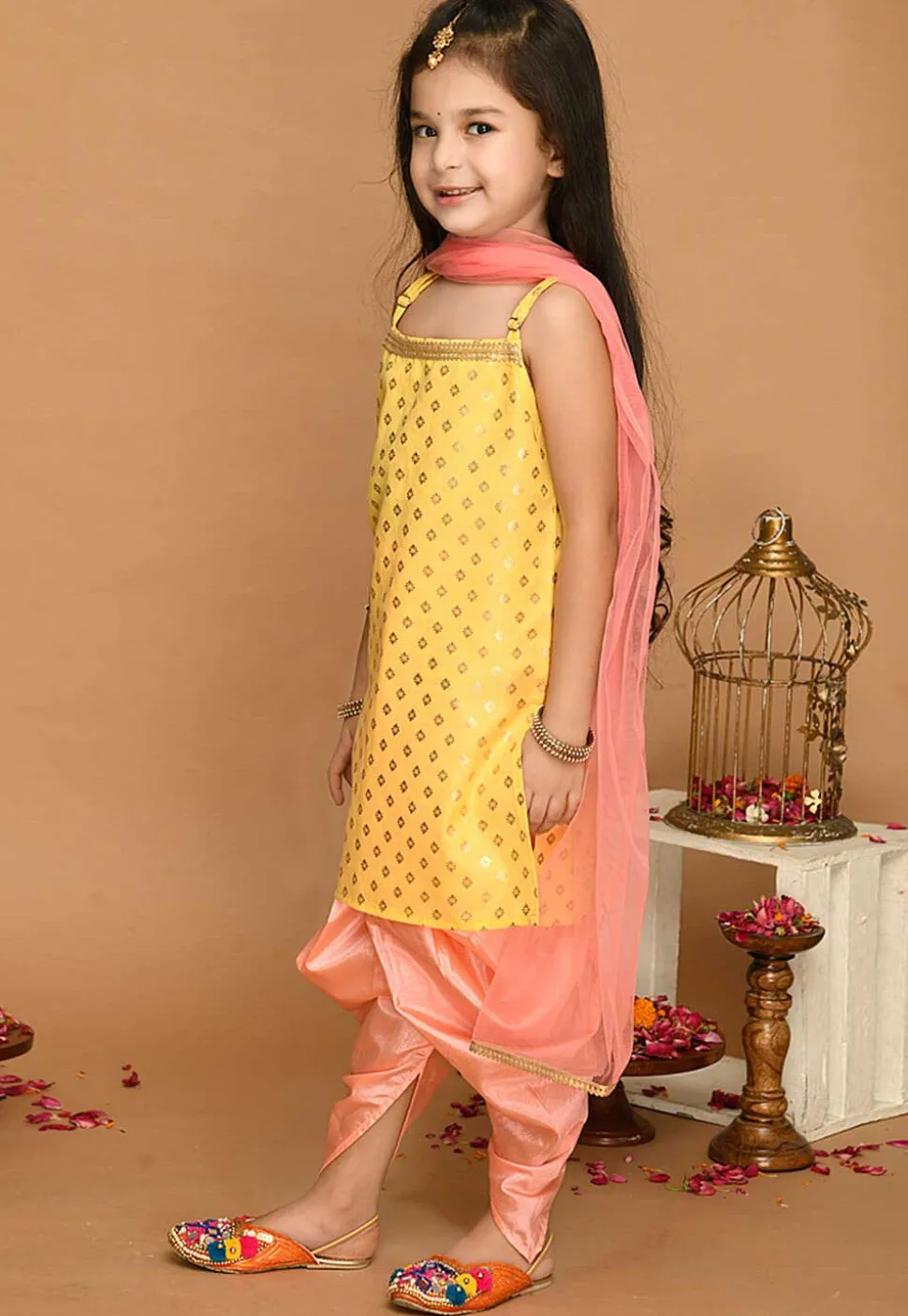 Foil Printed Cotton Silk Punjabi Suit in Yellow