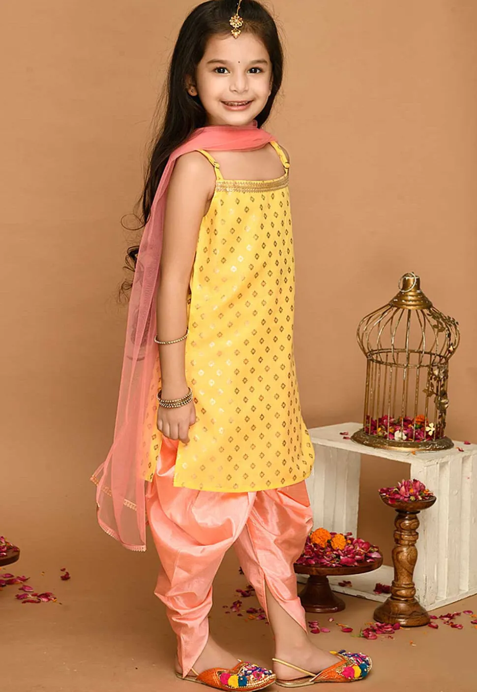 Foil Printed Cotton Silk Punjabi Suit in Yellow