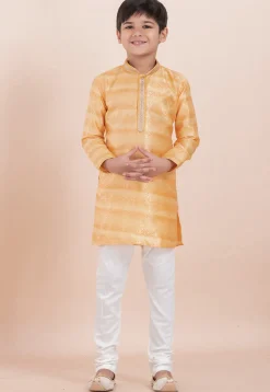 Foil Printed Cotton Silk Kurta Set in Shaded Yellow