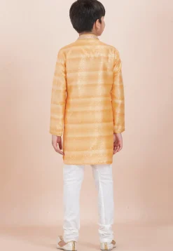 Foil Printed Cotton Silk Kurta Set in Shaded Yellow