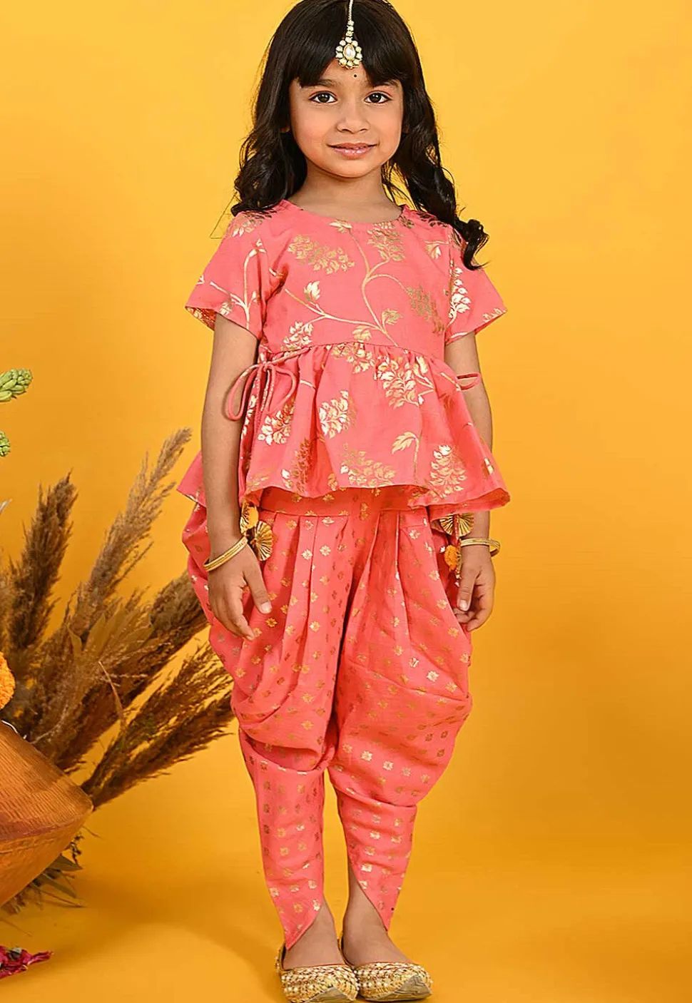 Foil Printed Cotton Silk Peplum Style Top Set in Peach