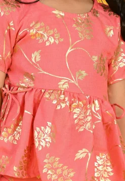 Foil Printed Cotton Silk Peplum Style Top Set in Peach
