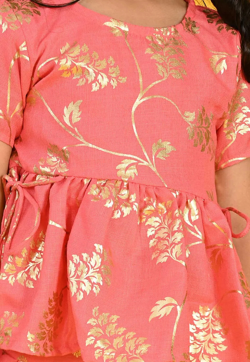 Foil Printed Cotton Silk Peplum Style Top Set in Peach