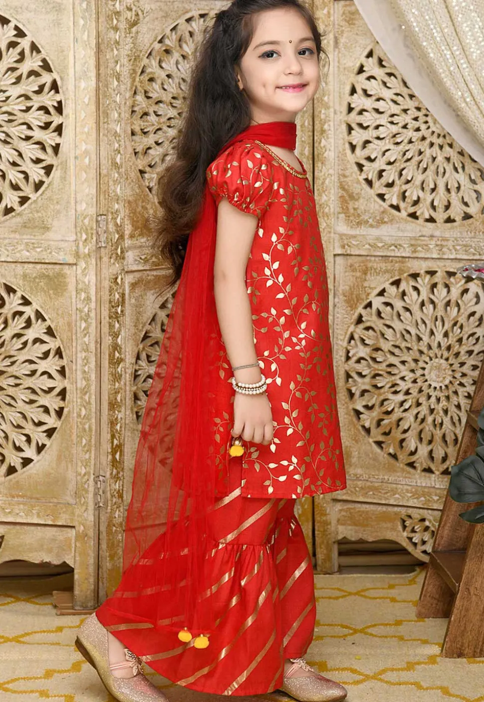 Foil Printed Cotton Silk Pakistani Suit in Red