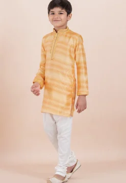 Foil Printed Cotton Silk Kurta Set in Shaded Yellow
