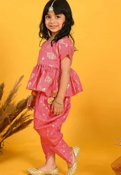 Foil Printed Cotton Silk Peplum Style Top Set in Peach