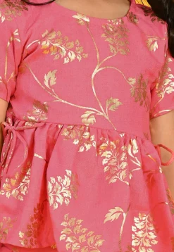 Foil Printed Cotton Silk Peplum Style Top Set in Peach