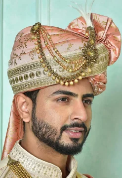 Foil Printed Cotton Silk Turban in Peach