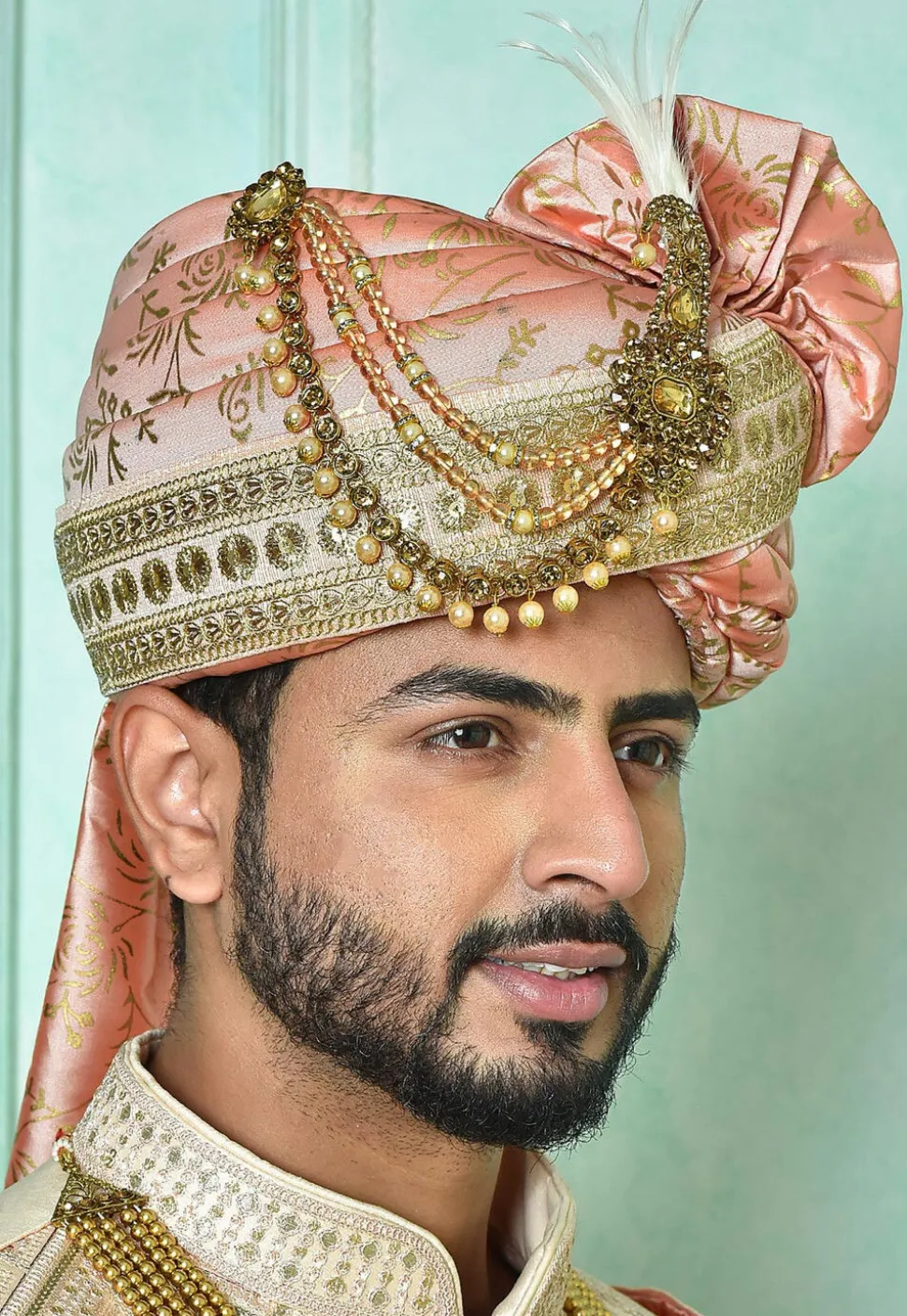 Foil Printed Cotton Silk Turban in Peach