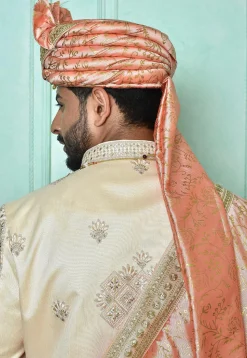 Foil Printed Cotton Silk Turban in Peach