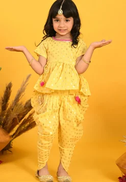 Foil Printed Cotton Tunic Set in Yellow