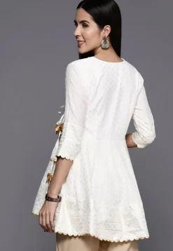 Foil Printed Crepe Aline Kurti in Off White