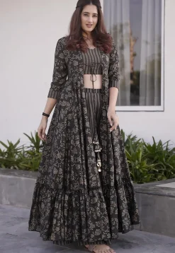 Foil Printed Crepe Crop Top with Jacket in Dark Grey