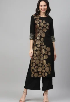 Foil Printed Crepe Straight Kurta in Black