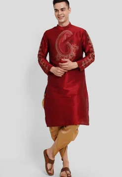 Foil Printed Dupion Silk Kurta Set in Maroon