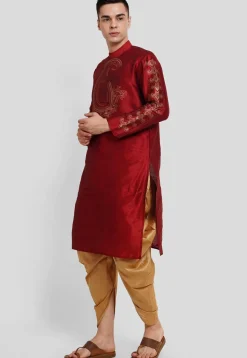 Foil Printed Dupion Silk Kurta Set in Maroon