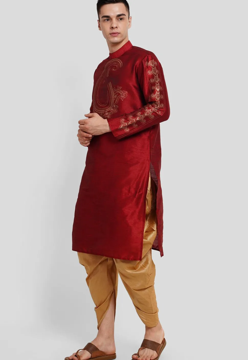 Foil Printed Dupion Silk Kurta Set in Maroon