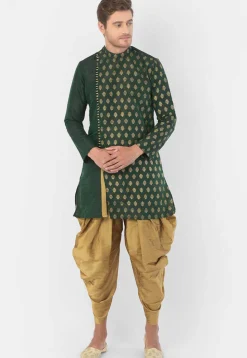 Foil Printed Dupion Silk Kurta Set in Dark Green
