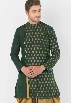 Foil Printed Dupion Silk Kurta Set in Dark Green