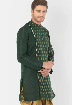 Foil Printed Dupion Silk Kurta Set in Dark Green