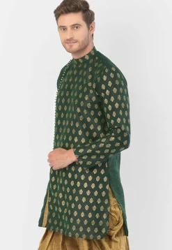 Foil Printed Dupion Silk Kurta Set in Dark Green