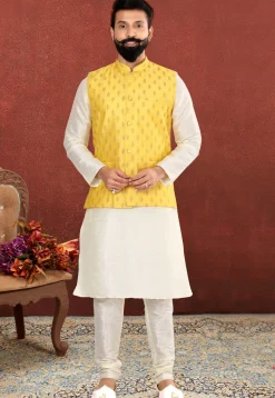 Foil Printed Dupion Silk Kurta Jacket Set in White and Yellow