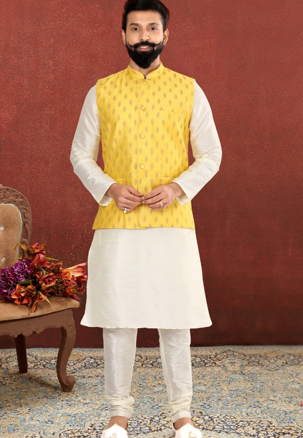 Foil Printed Dupion Silk Kurta Jacket Set in White and Yellow