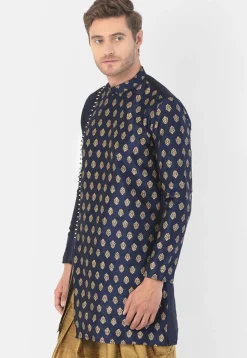 Foil Printed Dupion Silk Kurta Set in Navy Blue
