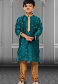 Foil Printed Dupion Silk Kurta Set in Dark Teal Blue