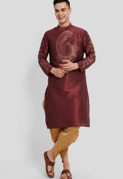 Foil Printed Dupion Silk Kurta Set in Maroon