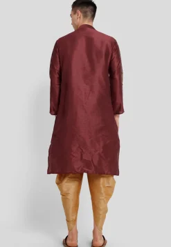 Foil Printed Dupion Silk Kurta Set in Maroon