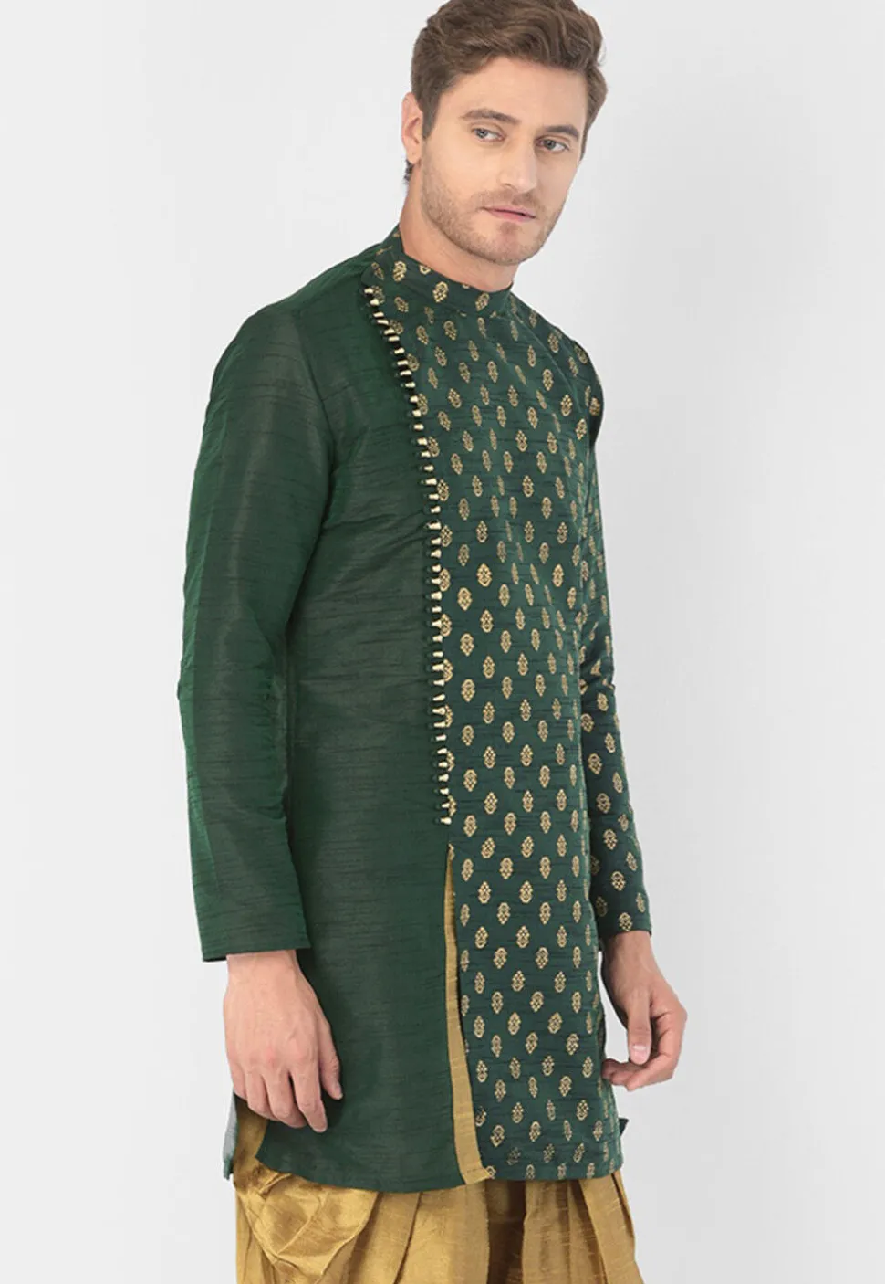 Foil Printed Dupion Silk Kurta Set in Dark Green