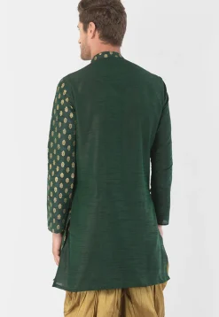 Foil Printed Dupion Silk Kurta Set in Dark Green