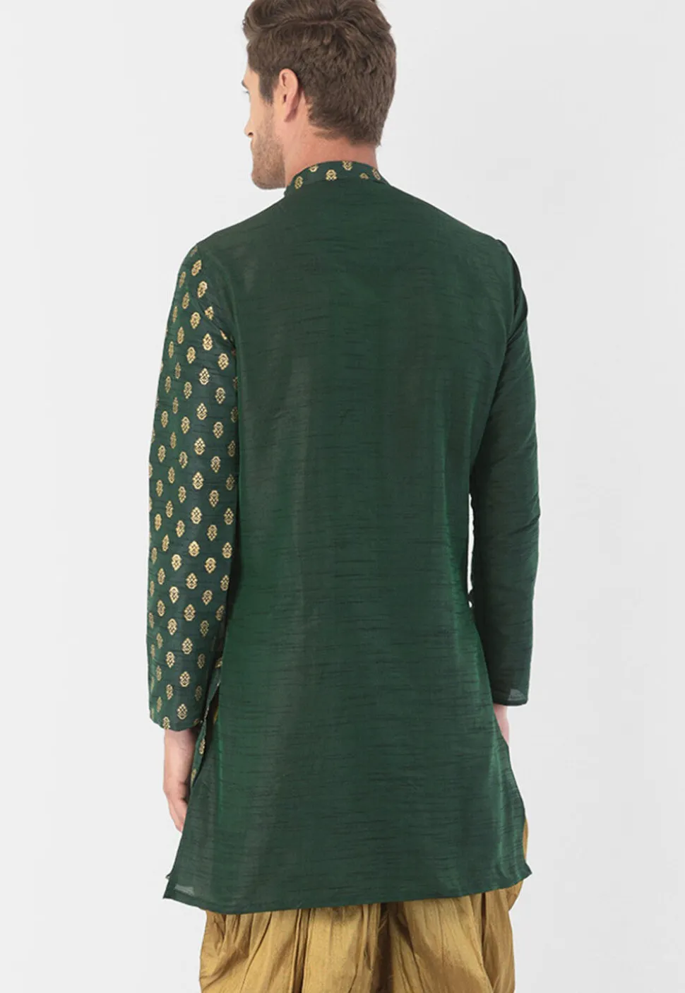 Foil Printed Dupion Silk Kurta Set in Dark Green