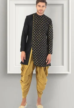 Foil Printed Dupion Silk Kurta Set in Black