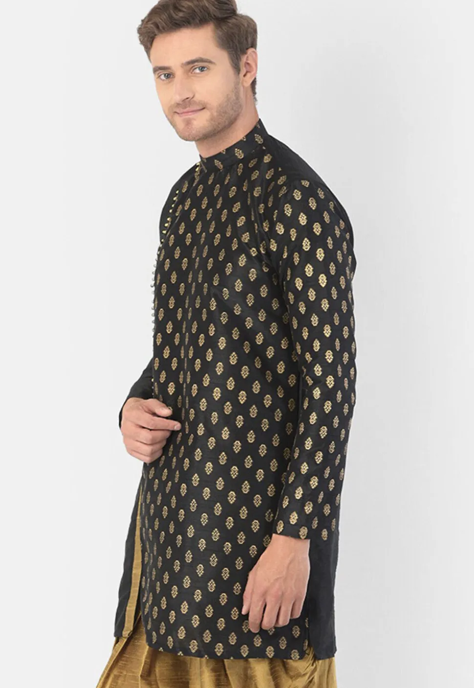 Foil Printed Dupion Silk Kurta Set in Black