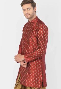 Foil Printed Dupion Silk Kurta Set in Maroon